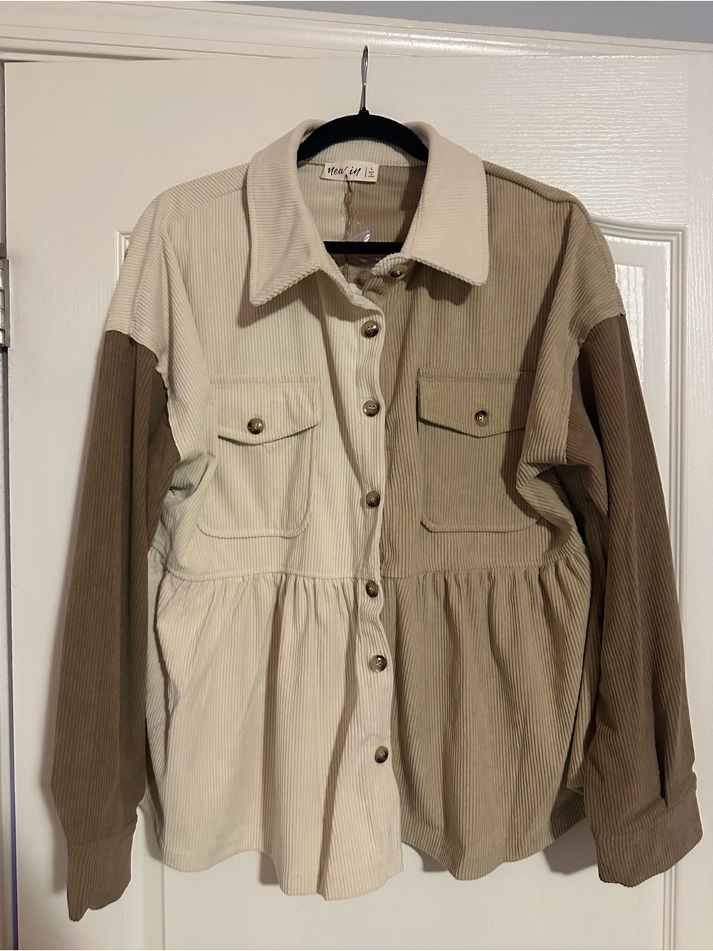 NWT New In Colorblock Corduroy Peplum Shacket Cream Tan Brown Size L